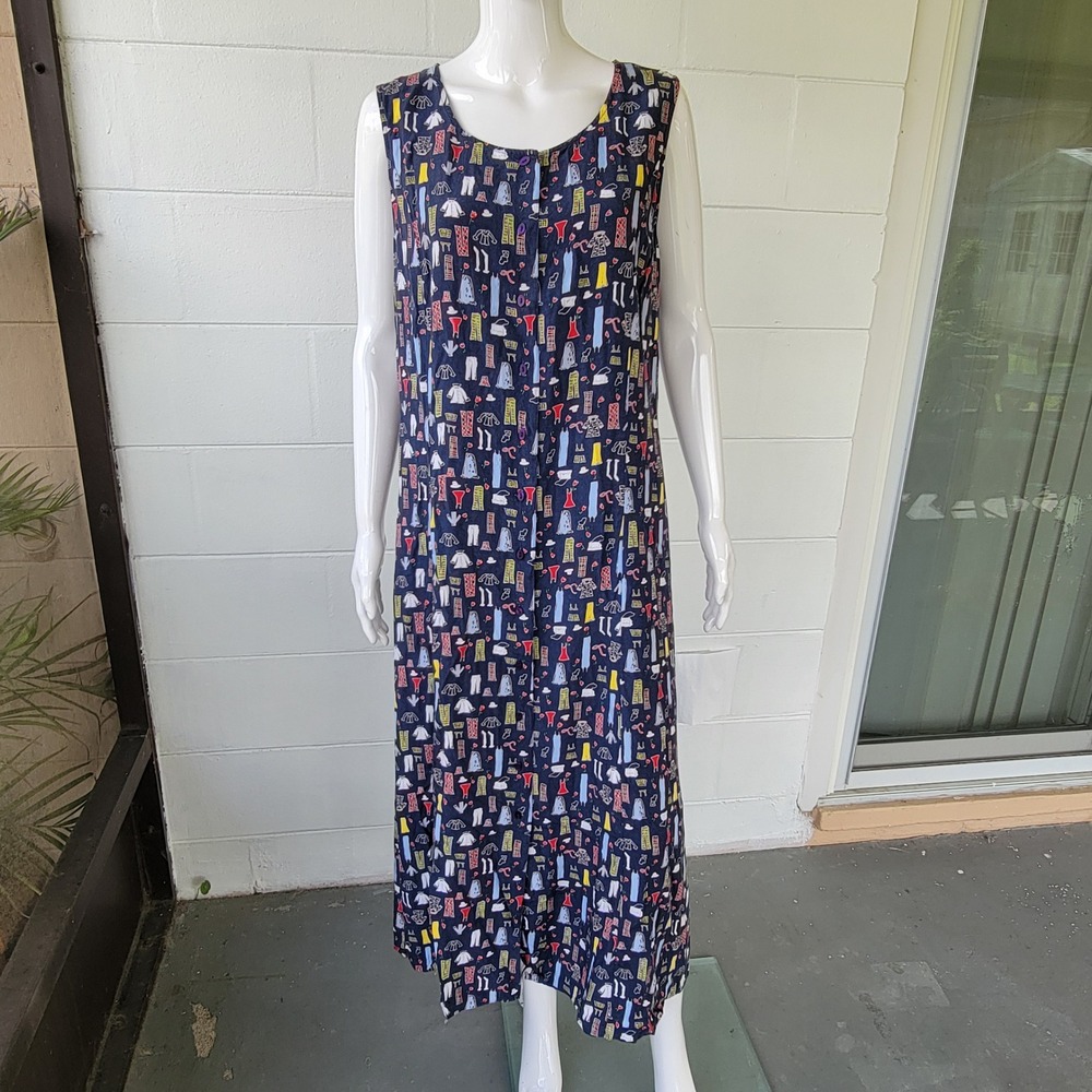 VTG 90s Bechamel Maxi Dress Navy Blue Novelty Print Women XL Retro Artsy Granola